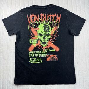 Von Dutch T-Shirt Men's XL Black Feel No Fear Skull Graphic Double Sided Print